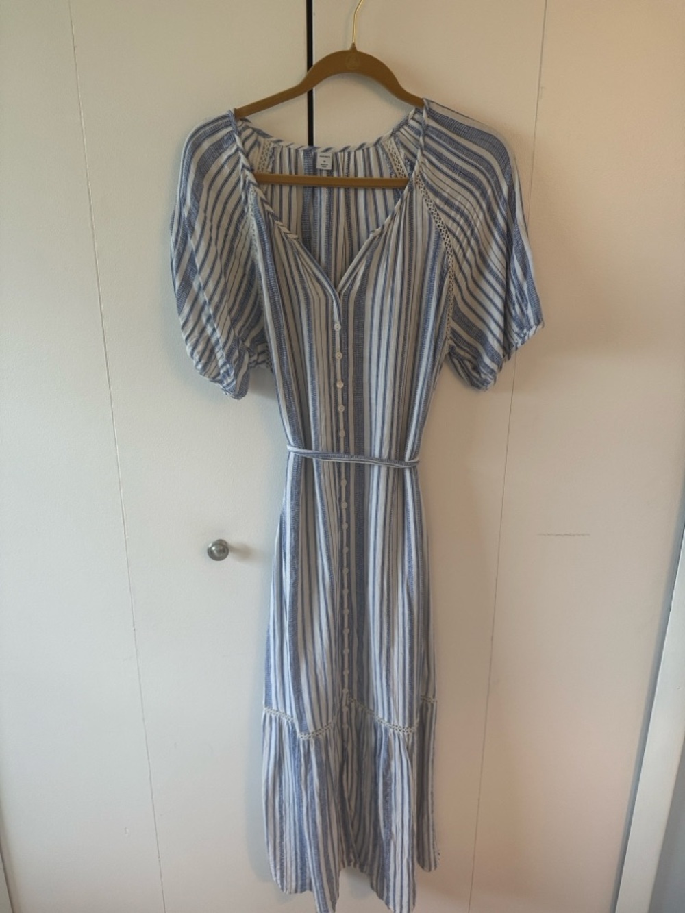 Light Blue Stripe Button-Front Midi Dress with Belt